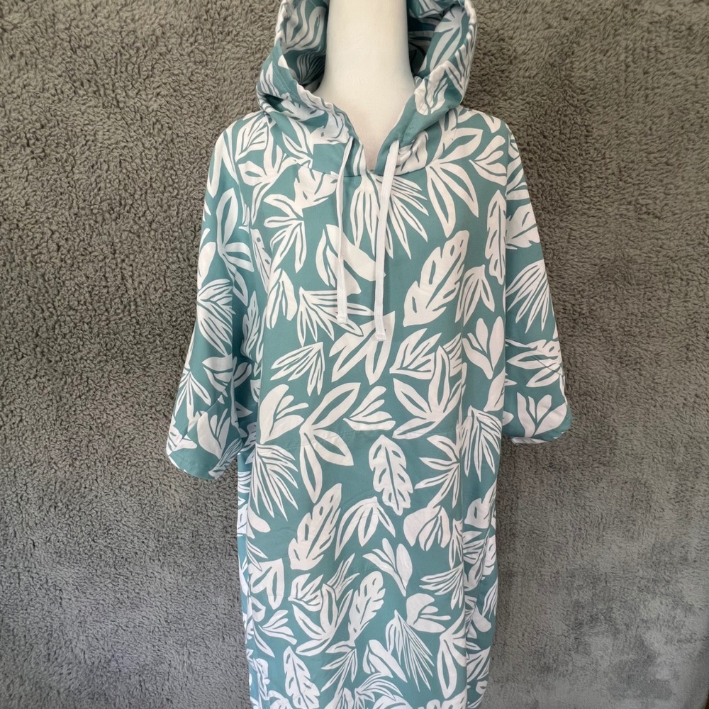 RipSkirt Hawaii Beach Cozy Hooded Poncho Aqua Tropical Leaf Swim Cover Up OS